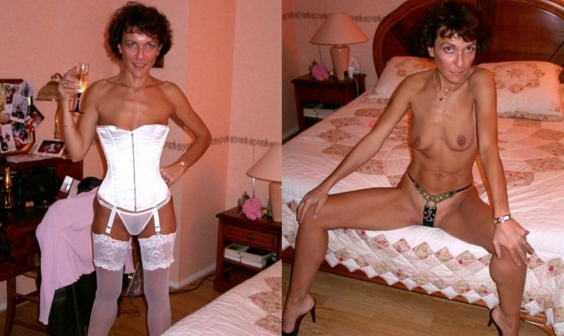 Худая пожилая дама в одежде и без